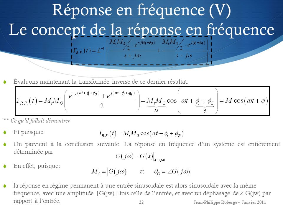 Réponse en fréquence (V) Le concept de la réponse en fréquence