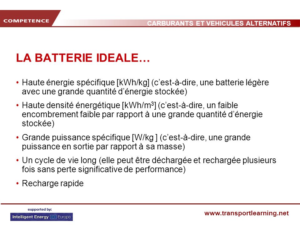 LA BATTERIE IDEALE… Haute énergie spécifique [kWh/kg] (c’est-à-dire, une batterie légère avec une grande quantité d’énergie stockée)