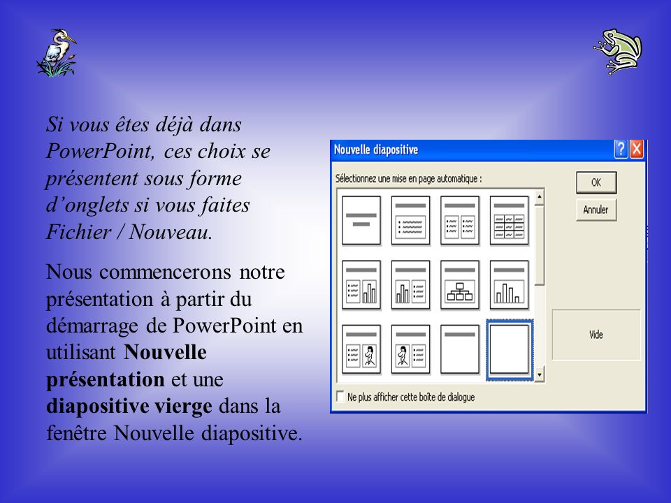 Si vous êtes déjà dans PowerPoint, ces choix se présentent sous forme d’onglets si vous faites Fichier / Nouveau.