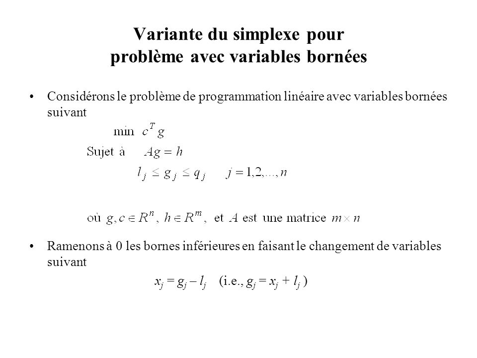 Variante du simplexe pour problème avec variables bornées
