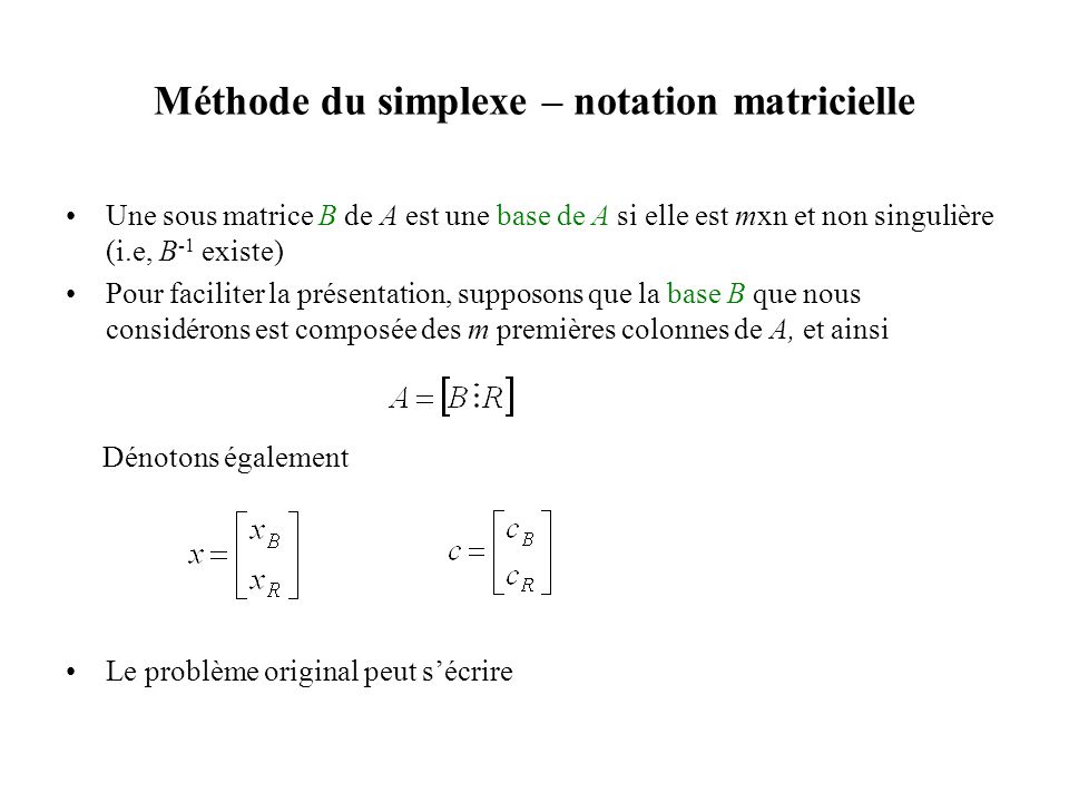 Méthode du simplexe – notation matricielle