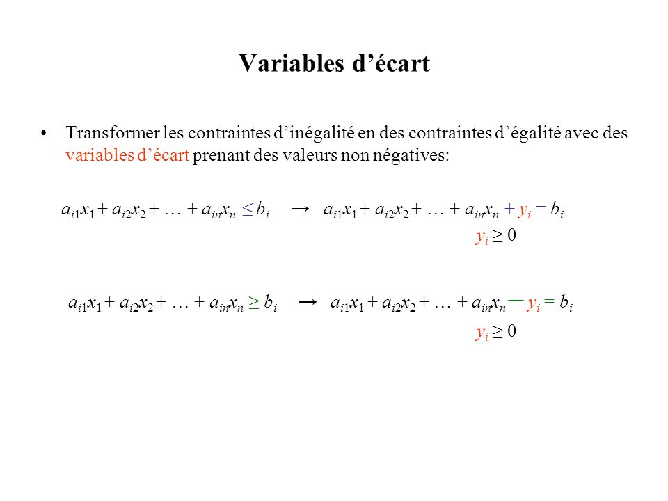 Variables d’écart Transformer les contraintes d’inégalité en des contraintes d’égalité avec des variables d’écart prenant des valeurs non négatives: