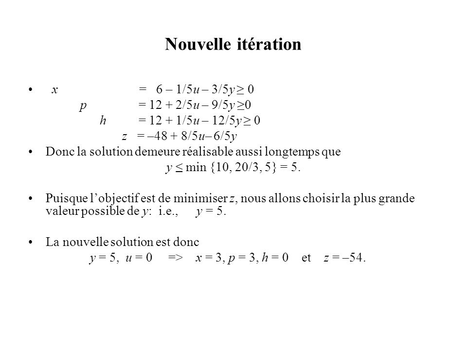 Nouvelle itération x = 6 – 1/5u – 3/5y ≥ 0 p = /5u – 9/5y ≥0