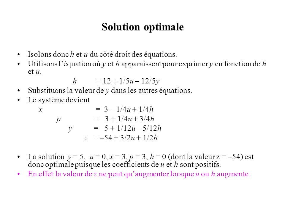 Solution optimale Isolons donc h et u du côté droit des équations.
