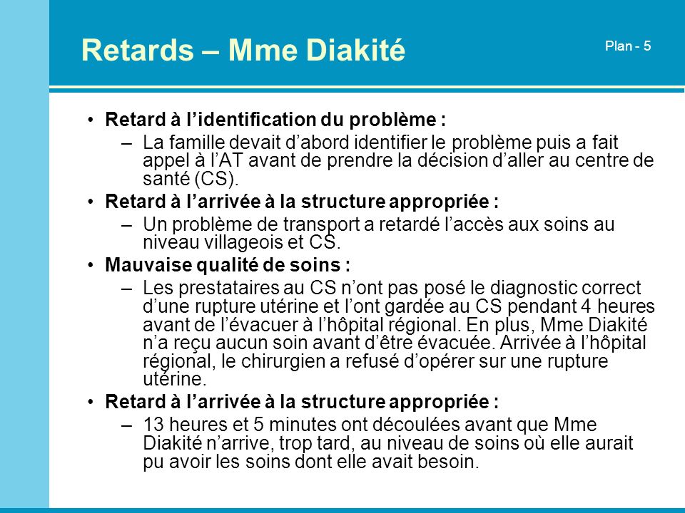 Retards – Mme Diakité Retard à l’identification du problème :