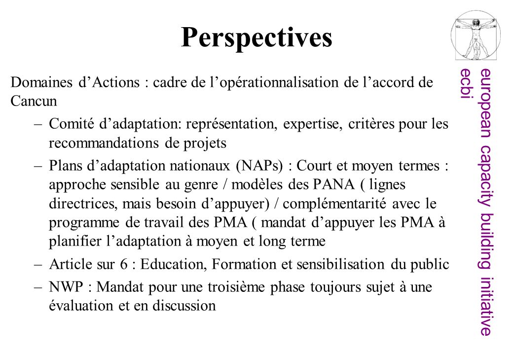 Perspectives Domaines d’Actions : cadre de l’opérationnalisation de l’accord de Cancun.