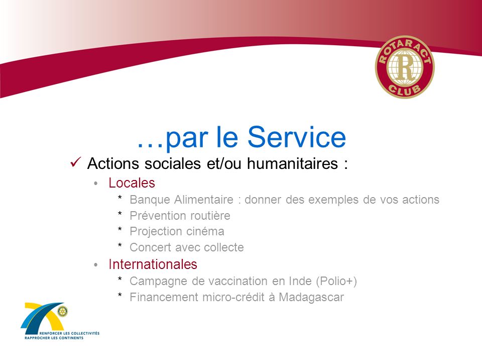…par le Service Actions sociales et/ou humanitaires : Locales