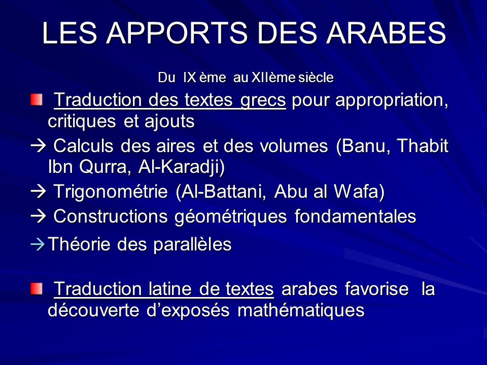 LES APPORTS DES ARABES Du IX ème au XIIème siècle