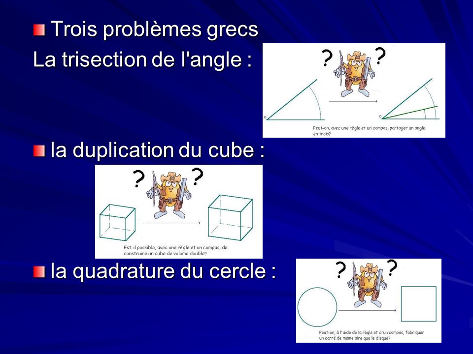 Trois problèmes grecs La trisection de l angle : la duplication du cube : la quadrature du cercle :