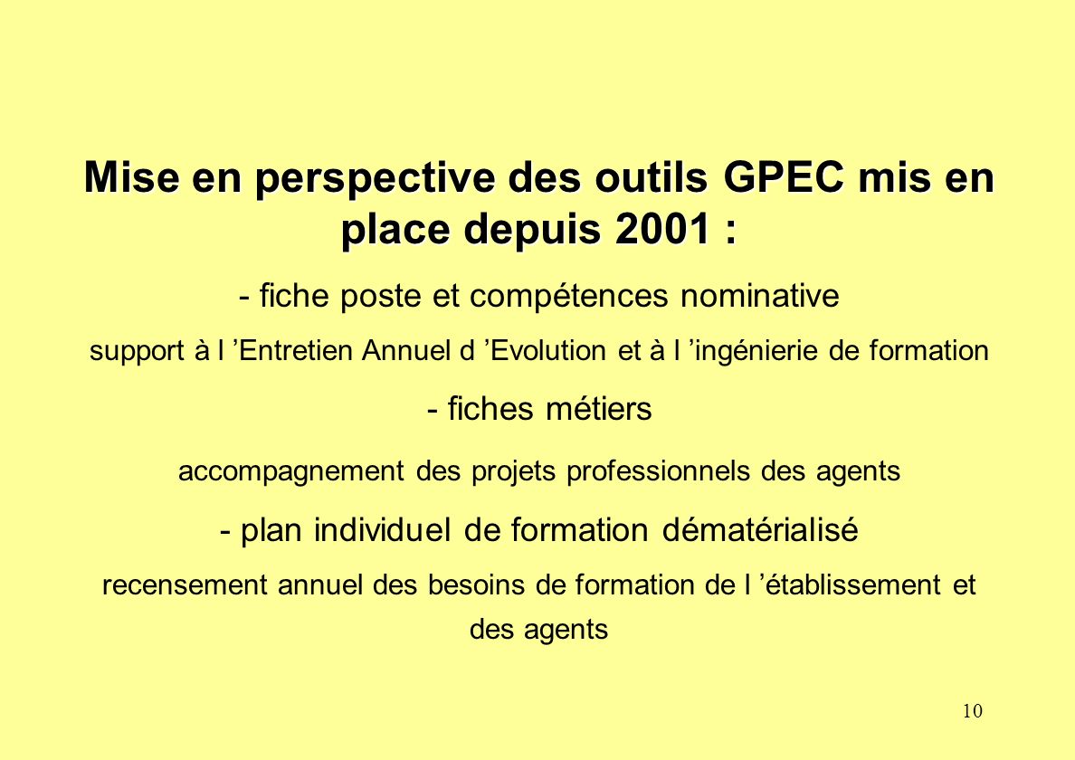 Mise en perspective des outils GPEC mis en place depuis 2001 :