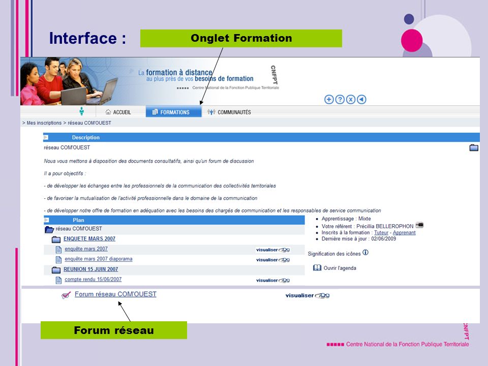 Interface : Onglet Formation Forum réseau
