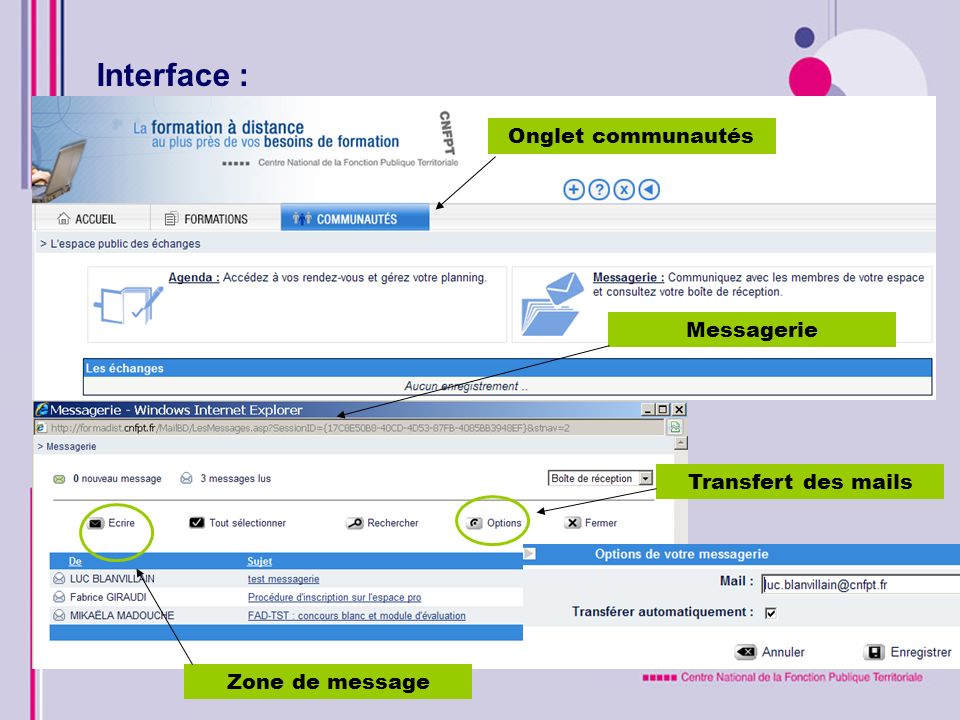 Interface : Onglet communautés Messagerie Transfert des mails