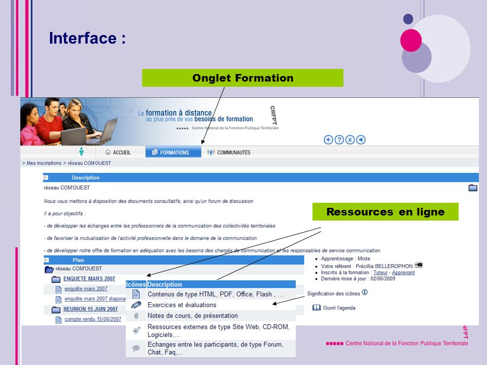 Interface : Onglet Formation Ressources en ligne