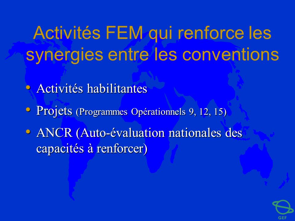 Activités FEM qui renforce les synergies entre les conventions