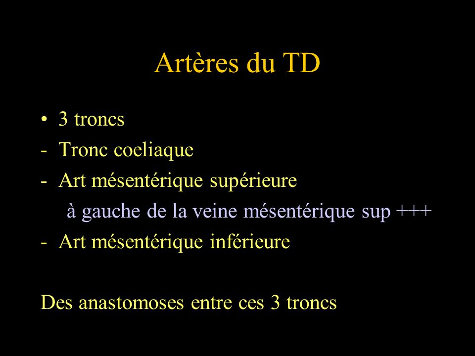 Artères du TD 3 troncs Tronc coeliaque Art mésentérique supérieure