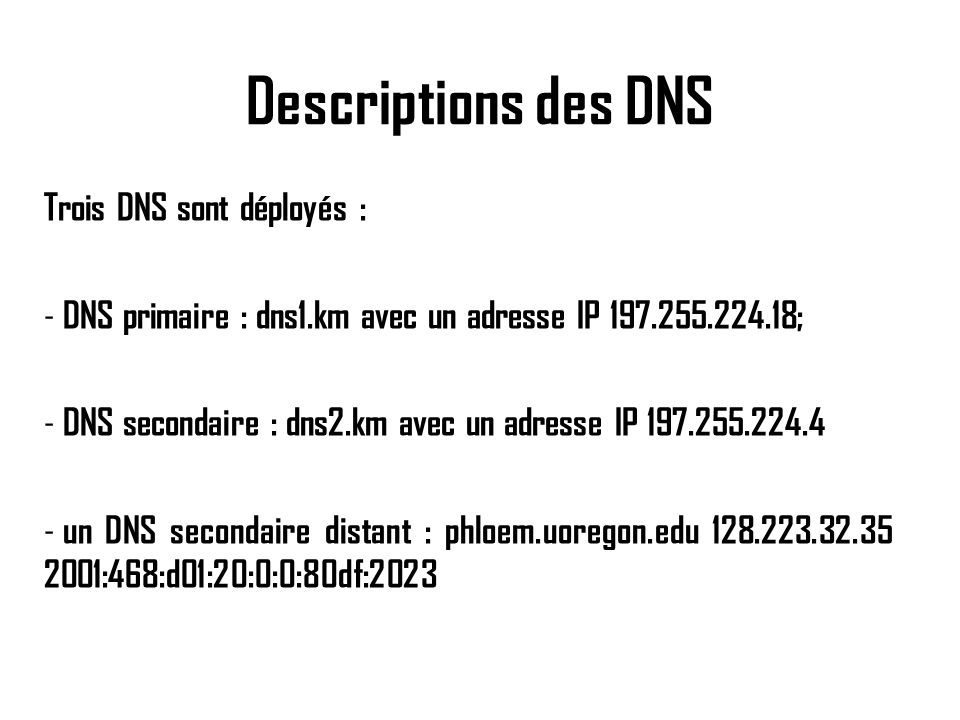 Descriptions des DNS Trois DNS sont déployés :