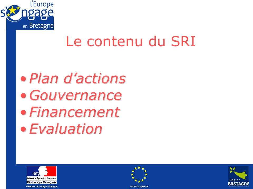 Le contenu du SRI Plan d’actions Gouvernance Financement Evaluation