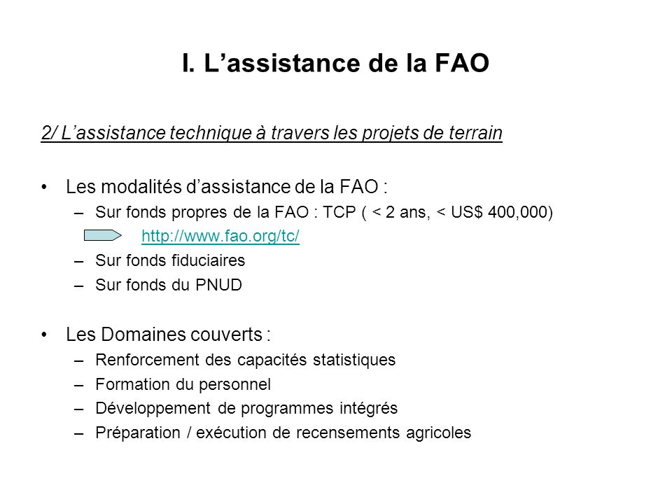 I. L’assistance de la FAO