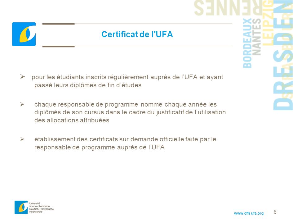 Certificat de l UFA pour les étudiants inscrits régulièrement auprès de l’UFA et ayant passé leurs diplômes de fin d’études.