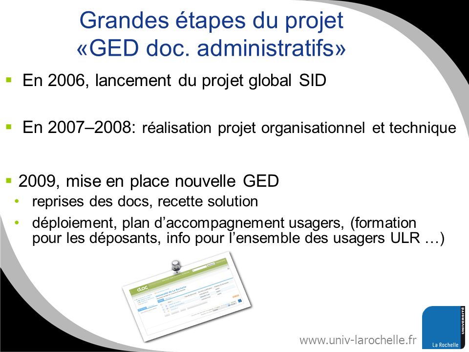 Grandes étapes du projet «GED doc. administratifs»