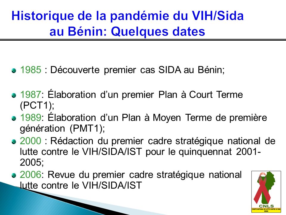 Historique de la pandémie du VIH/Sida au Bénin: Quelques dates