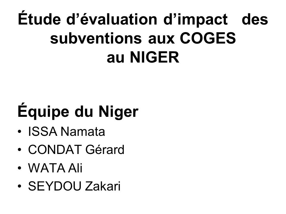 Étude d’évaluation d’impact des subventions aux COGES au NIGER