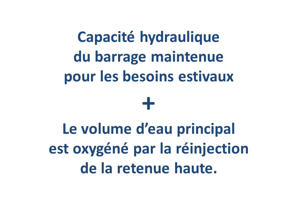 Capacité hydraulique du barrage maintenue pour les besoins estivaux + Le volume d’eau principal est oxygéné par la réinjection de la retenue haute.