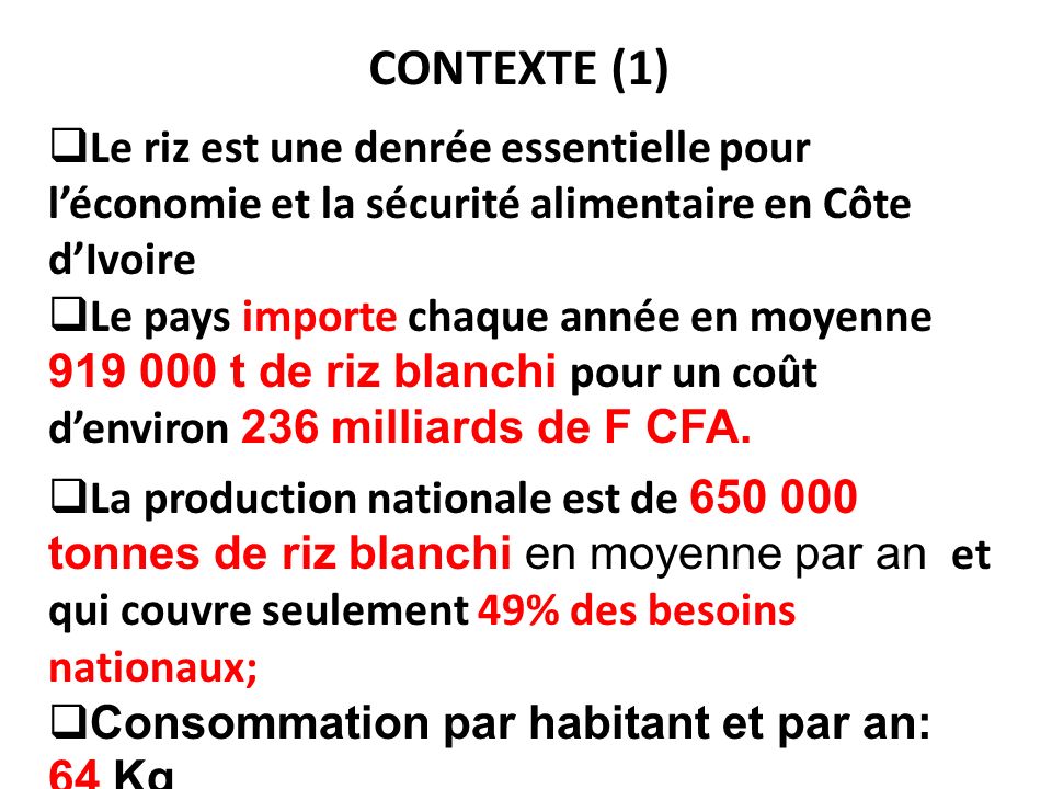 CONTEXTE (1) Le riz est une denrée essentielle pour l’économie et la sécurité alimentaire en Côte d’Ivoire.