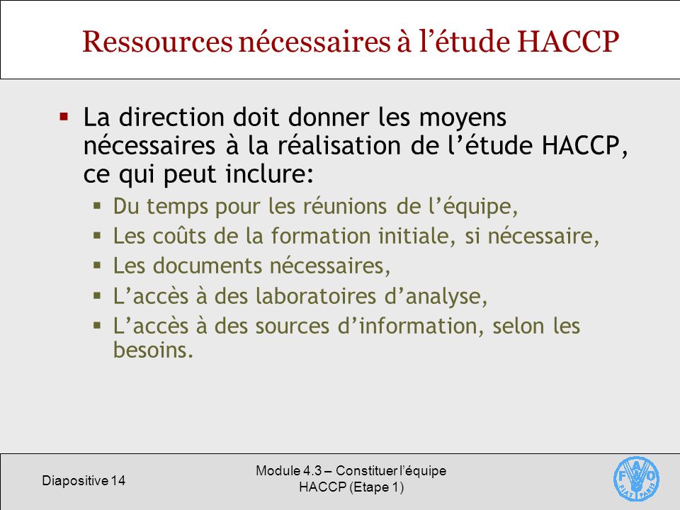 Ressources nécessaires à l’étude HACCP