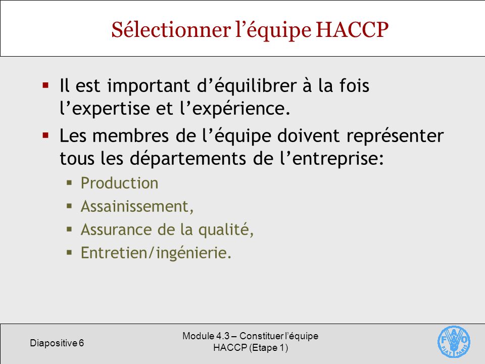 Sélectionner l’équipe HACCP