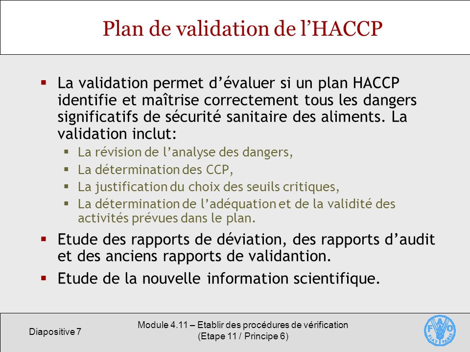 Plan de validation de l’HACCP