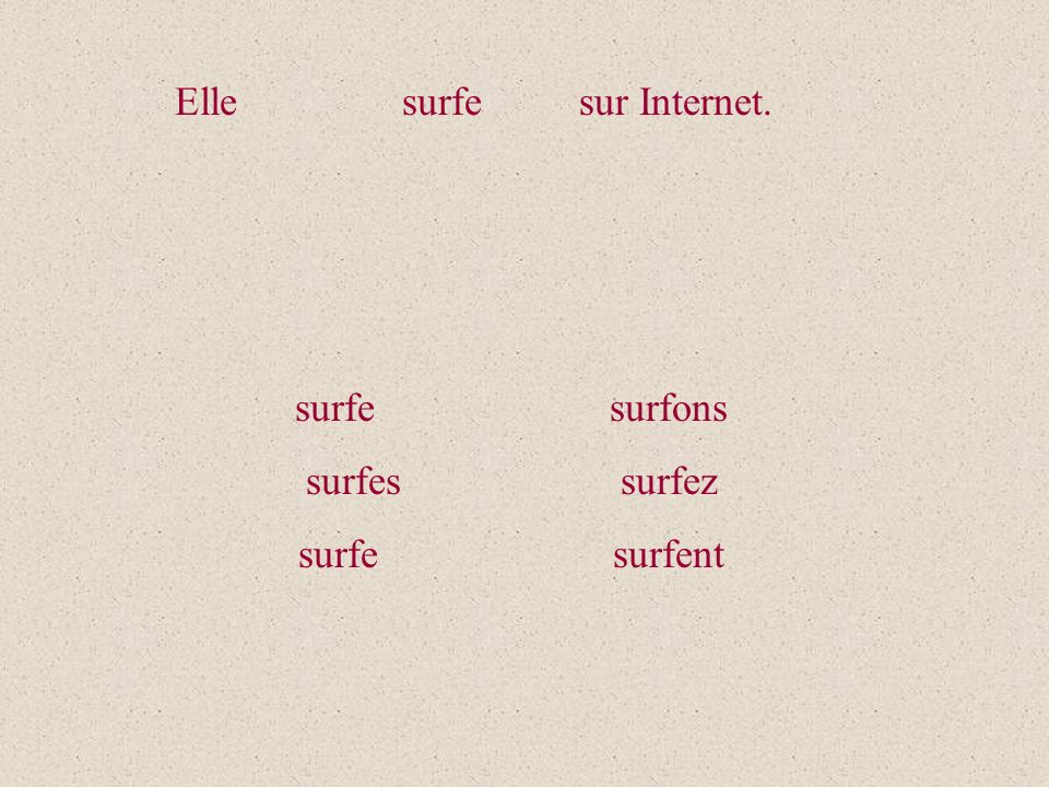 Elle surfe sur Internet. surfe surfons surfes surfez surfe surfent