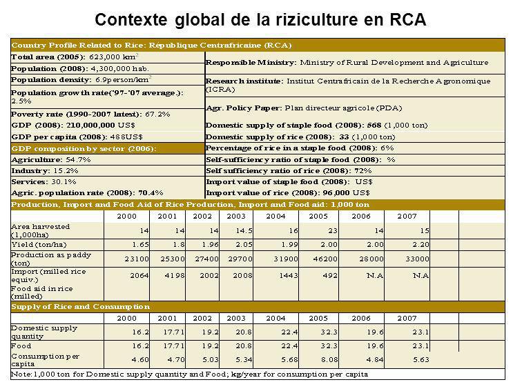 Contexte global de la riziculture en RCA