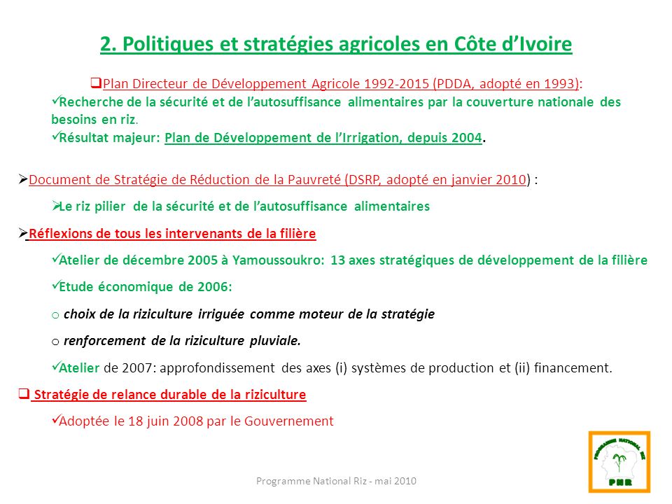 2. Politiques et stratégies agricoles en Côte d’Ivoire