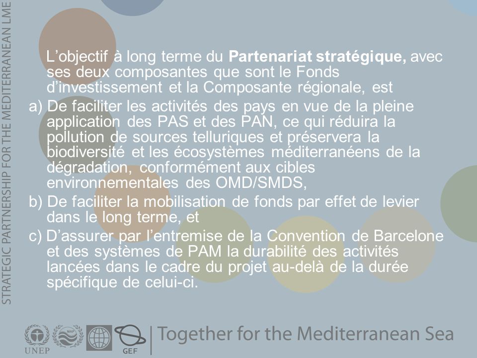 L’objectif à long terme du Partenariat stratégique, avec ses deux composantes que sont le Fonds d’investissement et la Composante régionale, est