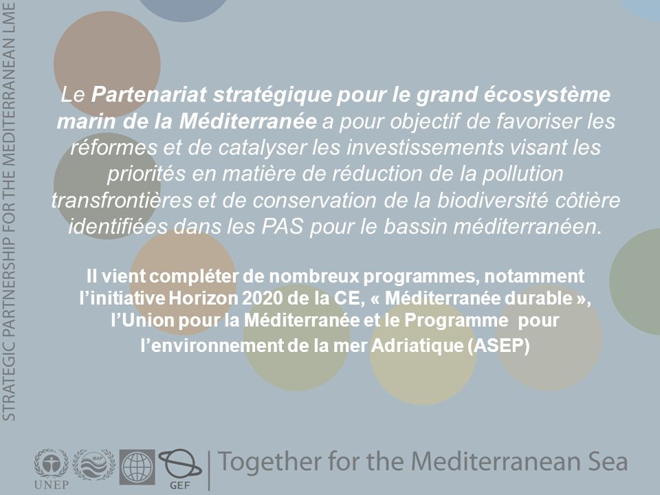 Le Partenariat stratégique pour le grand écosystème marin de la Méditerranée a pour objectif de favoriser les réformes et de catalyser les investissements visant les priorités en matière de réduction de la pollution transfrontières et de conservation de la biodiversité côtière identifiées dans les PAS pour le bassin méditerranéen.
