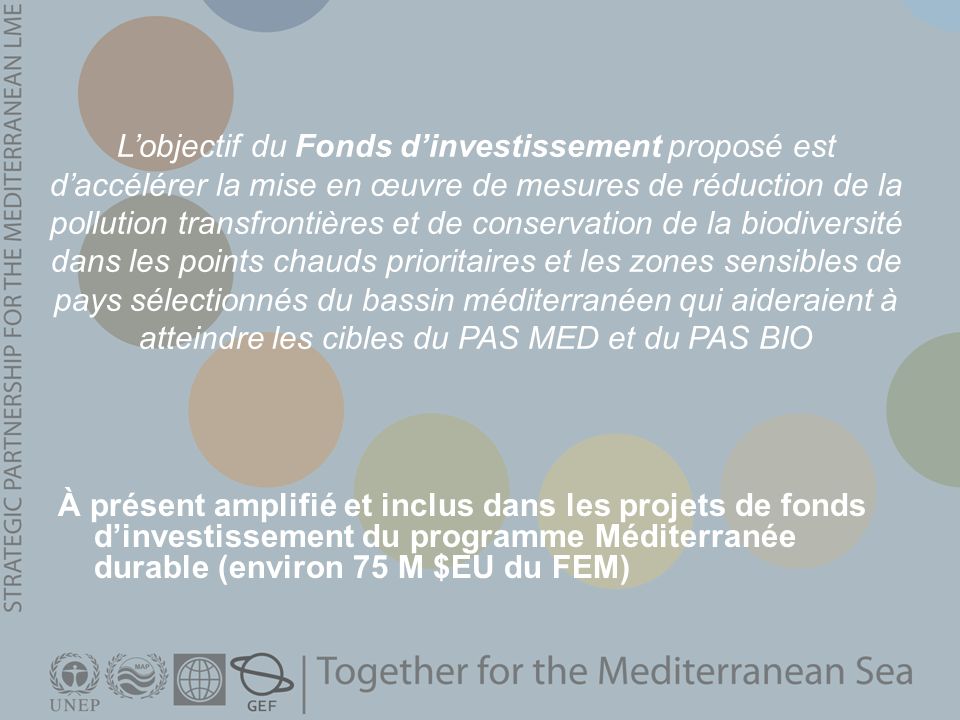 L’objectif du Fonds d’investissement proposé est d’accélérer la mise en œuvre de mesures de réduction de la pollution transfrontières et de conservation de la biodiversité dans les points chauds prioritaires et les zones sensibles de pays sélectionnés du bassin méditerranéen qui aideraient à atteindre les cibles du PAS MED et du PAS BIO