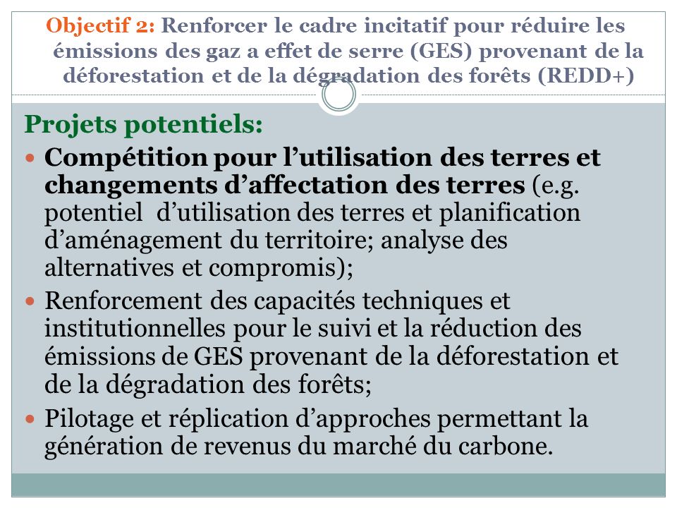Objectif 2: Renforcer le cadre incitatif pour réduire les émissions des gaz a effet de serre (GES) provenant de la déforestation et de la dégradation des forêts (REDD+)