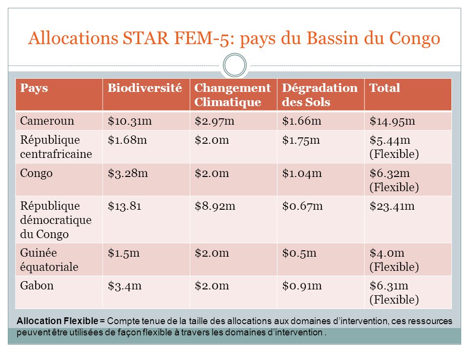 Allocations STAR FEM-5: pays du Bassin du Congo