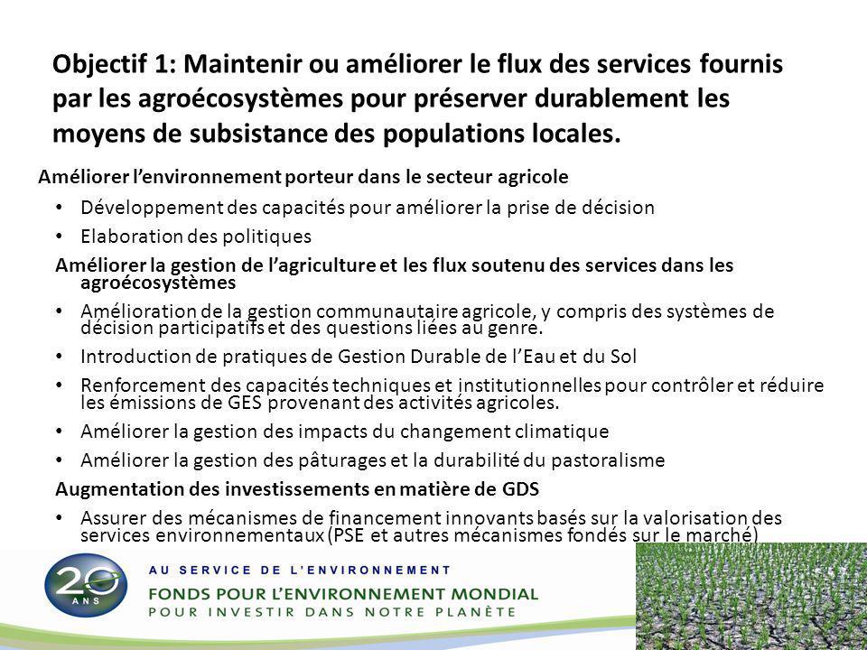 Objectif 1: Maintenir ou améliorer le flux des services fournis par les agroécosystèmes pour préserver durablement les moyens de subsistance des populations locales.