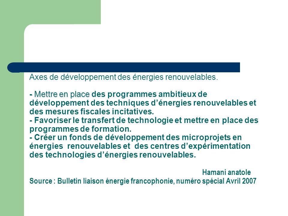 Axes de développement des énergies renouvelables