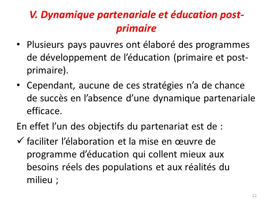 V. Dynamique partenariale et éducation post-primaire