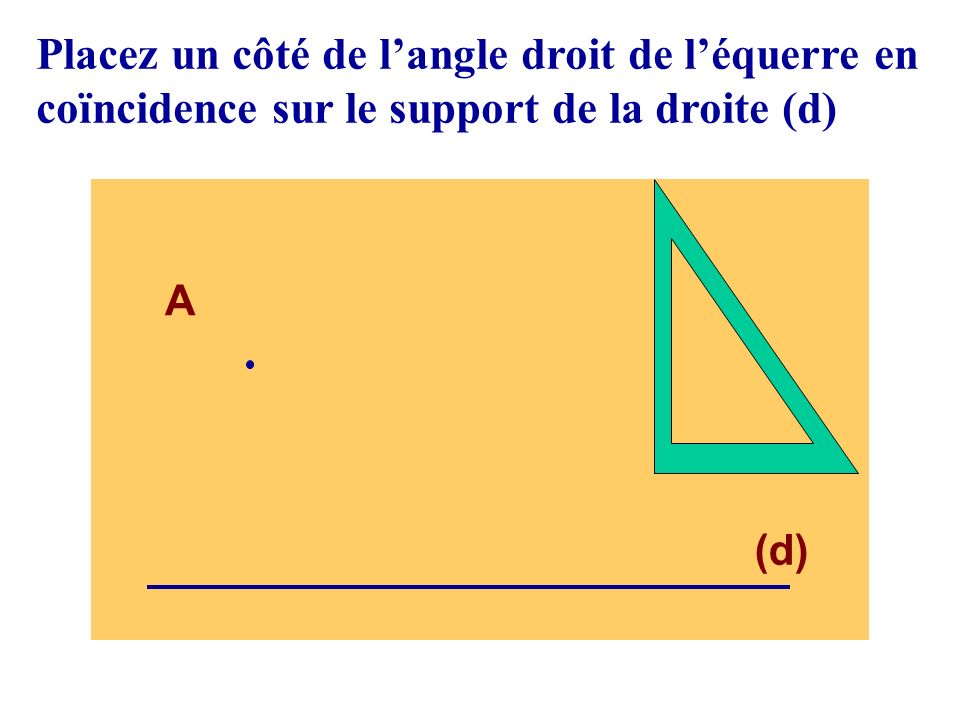 Placez un côté de l’angle droit de l’équerre en coïncidence sur le support de la droite (d)
