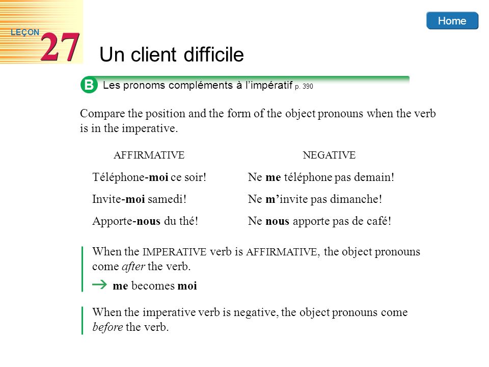 B Les pronoms compléments à l’impératif p Compare the position and the form of the object pronouns when the verb is in the imperative.