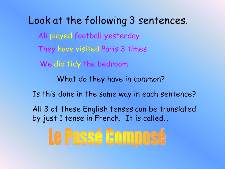 Le Passé Composé Look at the following 3 sentences.
