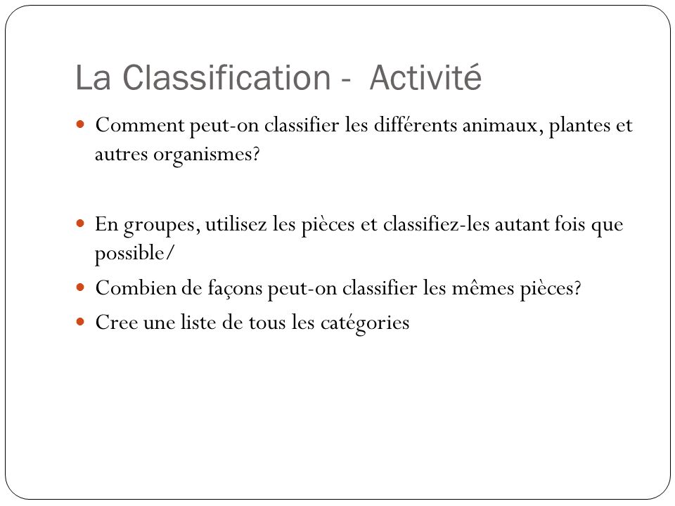 La Classification - Activité