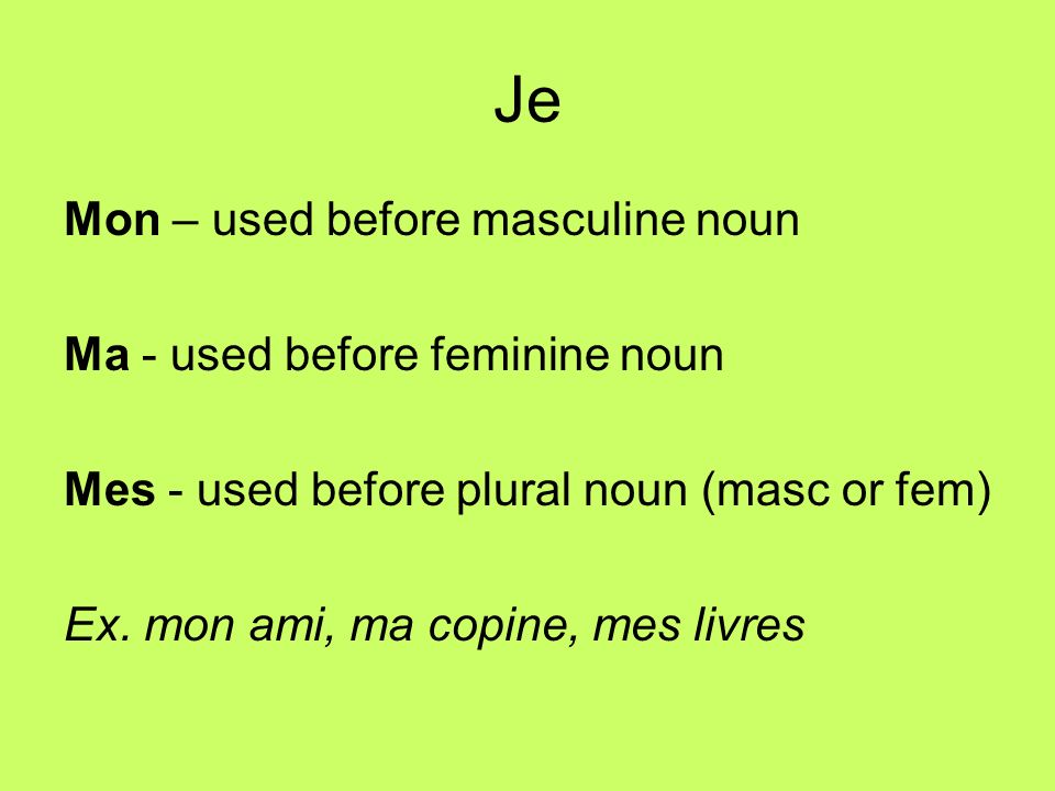 Je Mon – used before masculine noun Ma - used before feminine noun