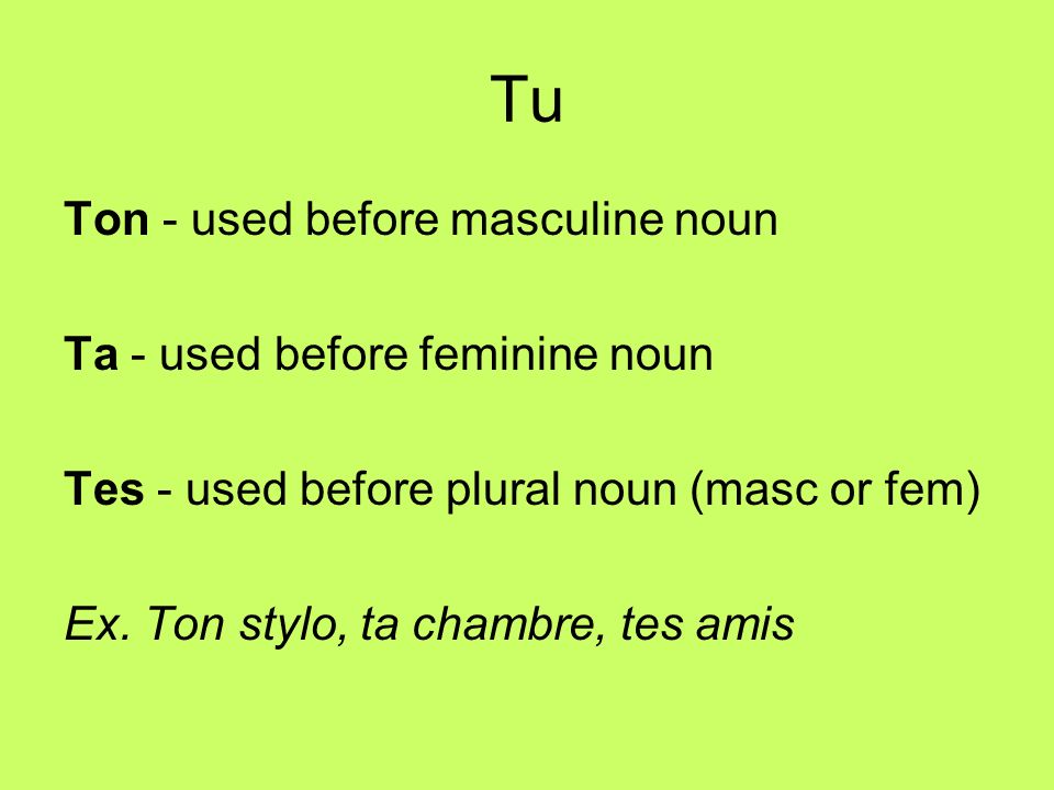 Tu Ton - used before masculine noun Ta - used before feminine noun