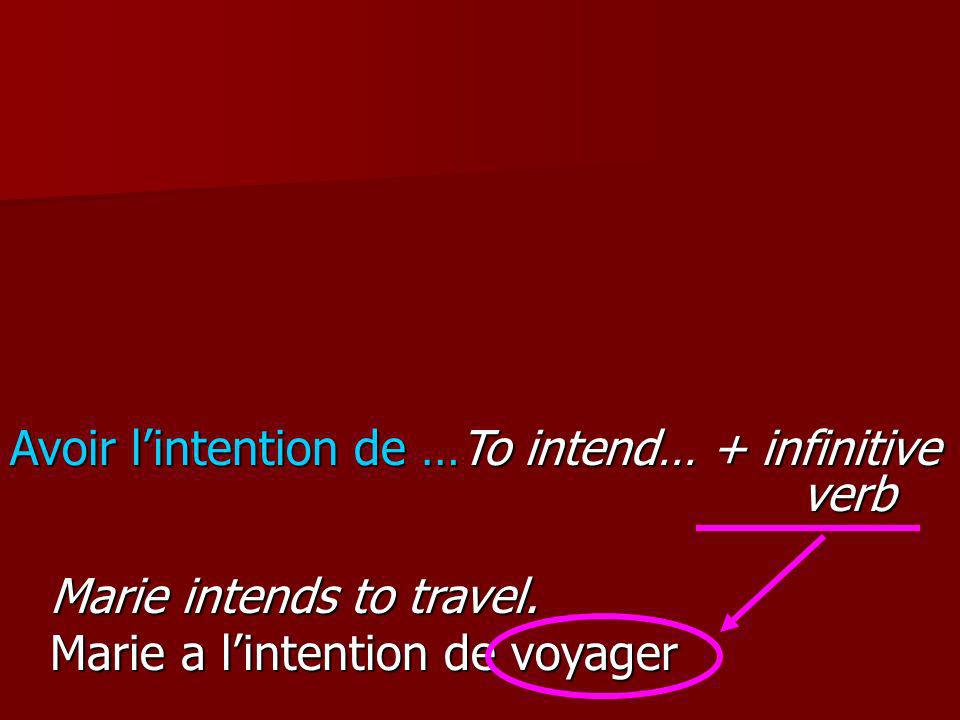Avoir l’intention de …To intend… + infinitive verb