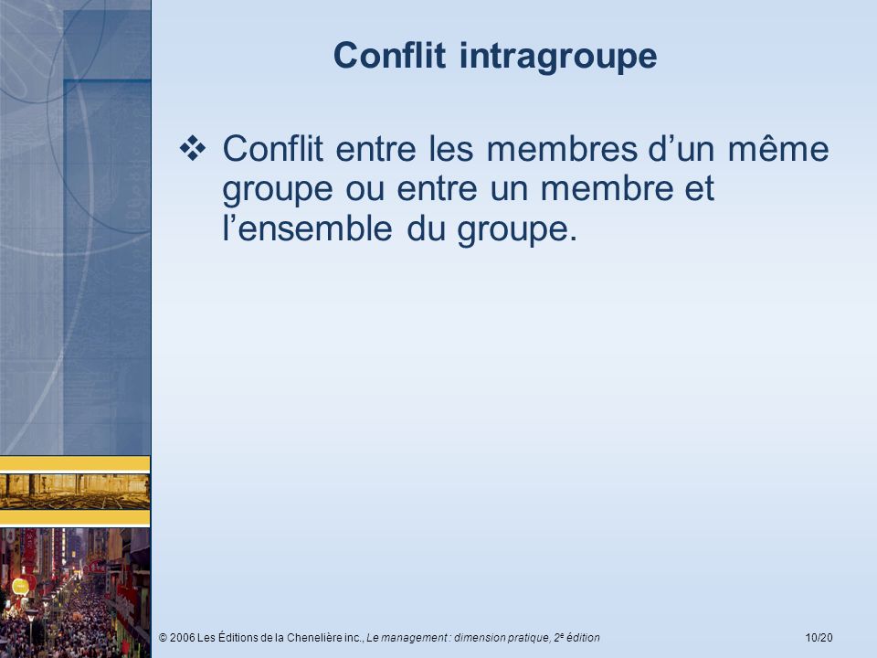 Conflit intragroupe Conflit entre les membres d’un même groupe ou entre un membre et l’ensemble du groupe.